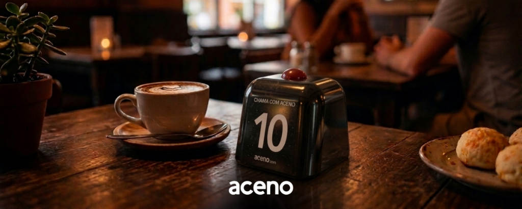 botao chama garcom em mesa de padaria ao lado uma xicara de capuccino e pao de queijo